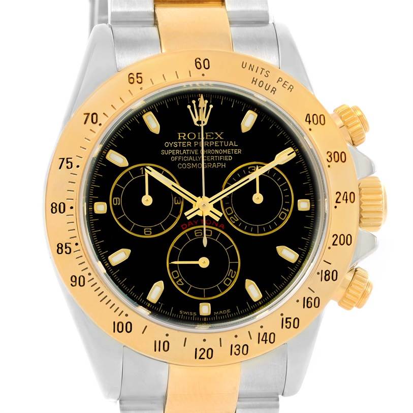 This image shows a front view of the Rolex Daytona 116523 Men's Steel and Gold (two tone) Black Dial 116523 Men's Steel and Gold (two tone) Black Dial watch, highlighting its dial, bezel, and side pushers.