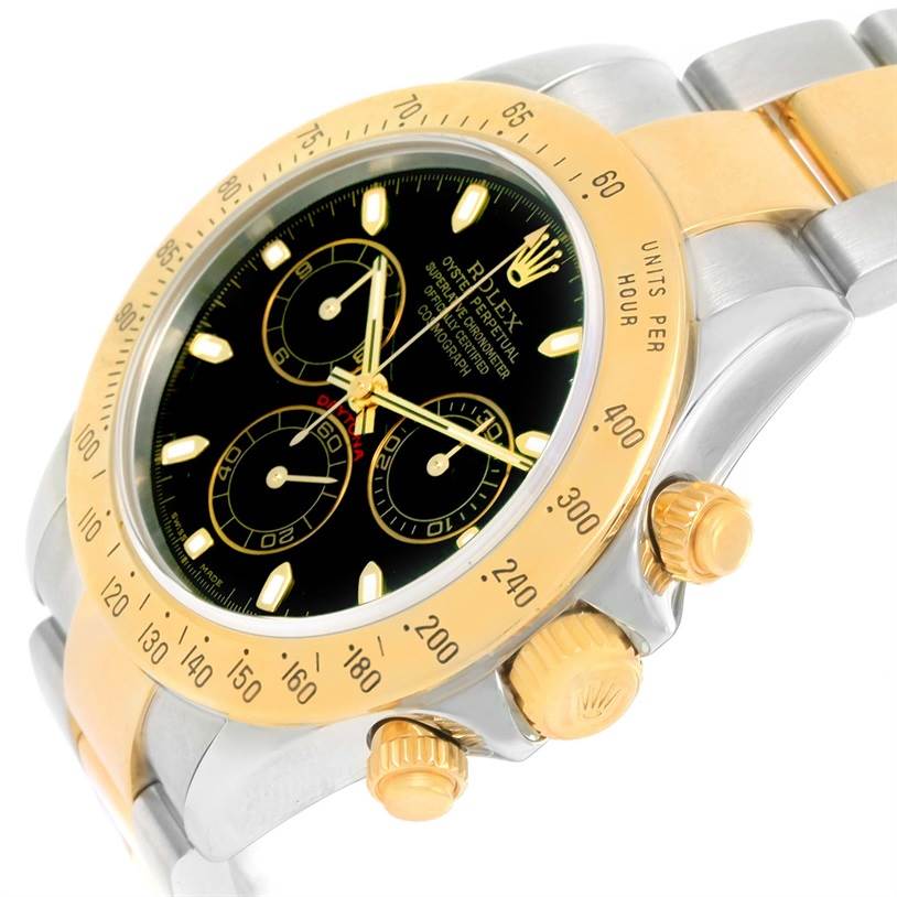 The Rolex Daytona 116523 Men's Steel and Gold (two tone) Black Dial 116523 Men's Steel and Gold (two tone) Black Dial watch is shown at an angled view highlighting the face, bezel, and crown.