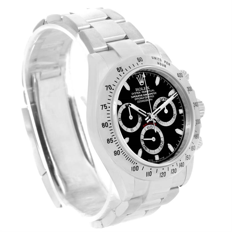 The image shows a side view of the Rolex Daytona 116520 Men's Stainless Steel Black Dial 116520 Men's Stainless Steel Black Dial watch, highlighting its bezel, dial, and bracelet.