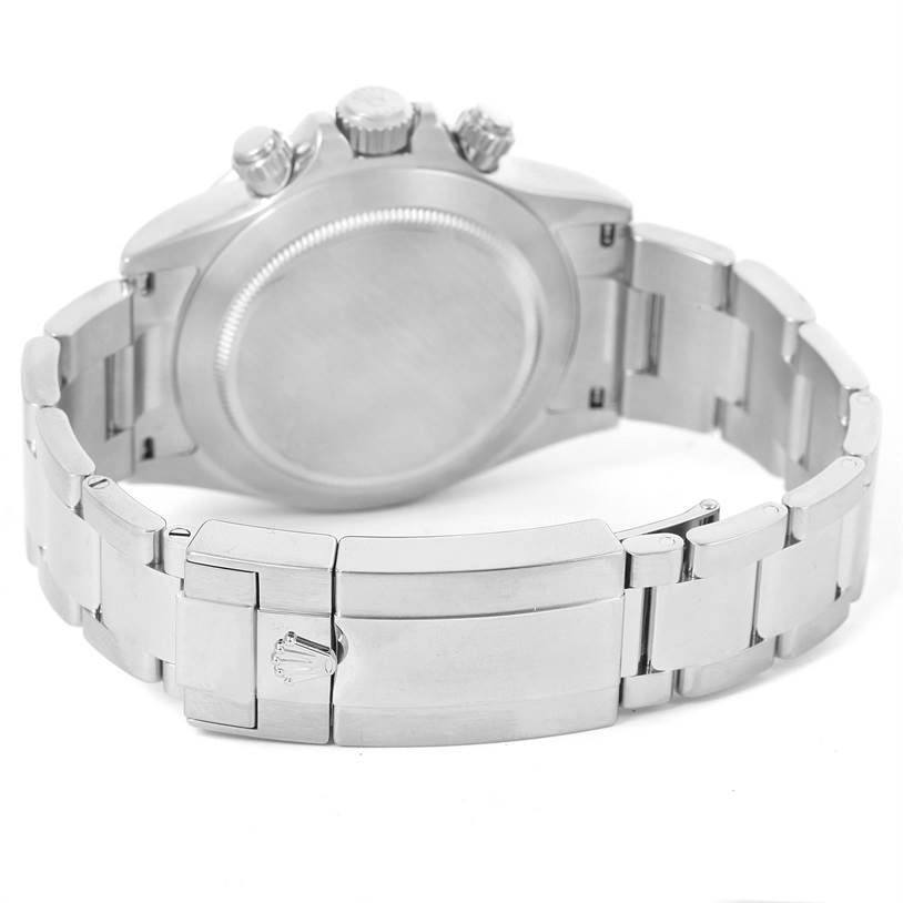 The image shows the back view of a Rolex Daytona 116520 Men's Stainless Steel Black Dial 116520 Men's Stainless Steel Black Dial watch, including the case back, bracelet, and clasp.