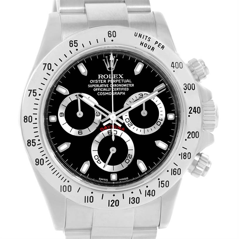 This image shows the front view of a Rolex Daytona 116520 Men's Stainless Steel Black Dial 116520 Men's Stainless Steel Black Dial watch, highlighting its bezel, dial, and chronograph subdials.