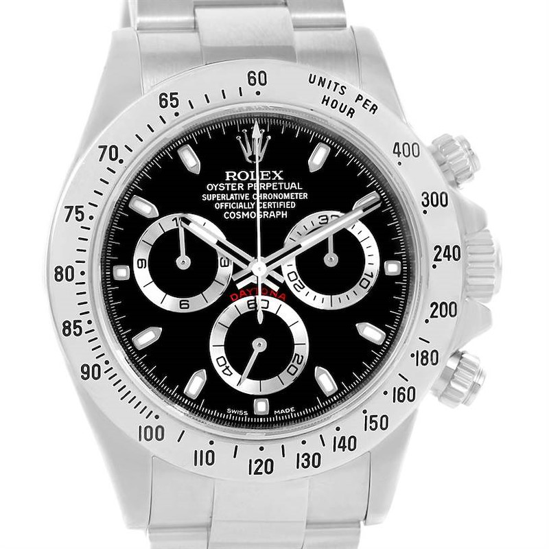 This image shows the front view of a Rolex Daytona watch, highlighting its bezel, dial, and chronograph subdials.