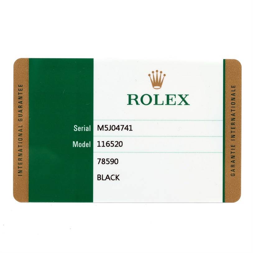 This image shows the serial and model information card for the Rolex Daytona 116520 Men's Stainless Steel Black Dial 116520 Men's Stainless Steel Black Dial watch model 116520.
