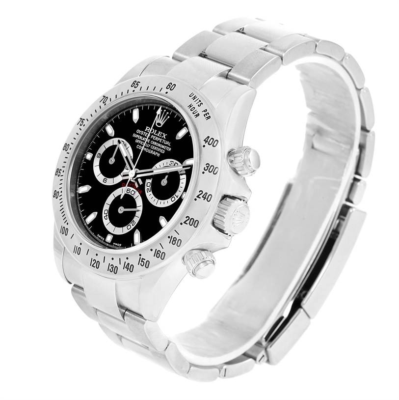 The image shows a Rolex Daytona 116520 Men's Stainless Steel Black Dial 116520 Men's Stainless Steel Black Dial watch at an angled view highlighting the face, bezel, crown, and bracelet.