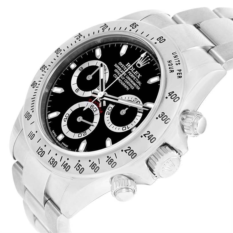 The image shows a Rolex Daytona 116520 Men's Stainless Steel Black Dial 116520 Men's Stainless Steel Black Dial watch at an angle highlighting the crown, pushers, and part of the bracelet.