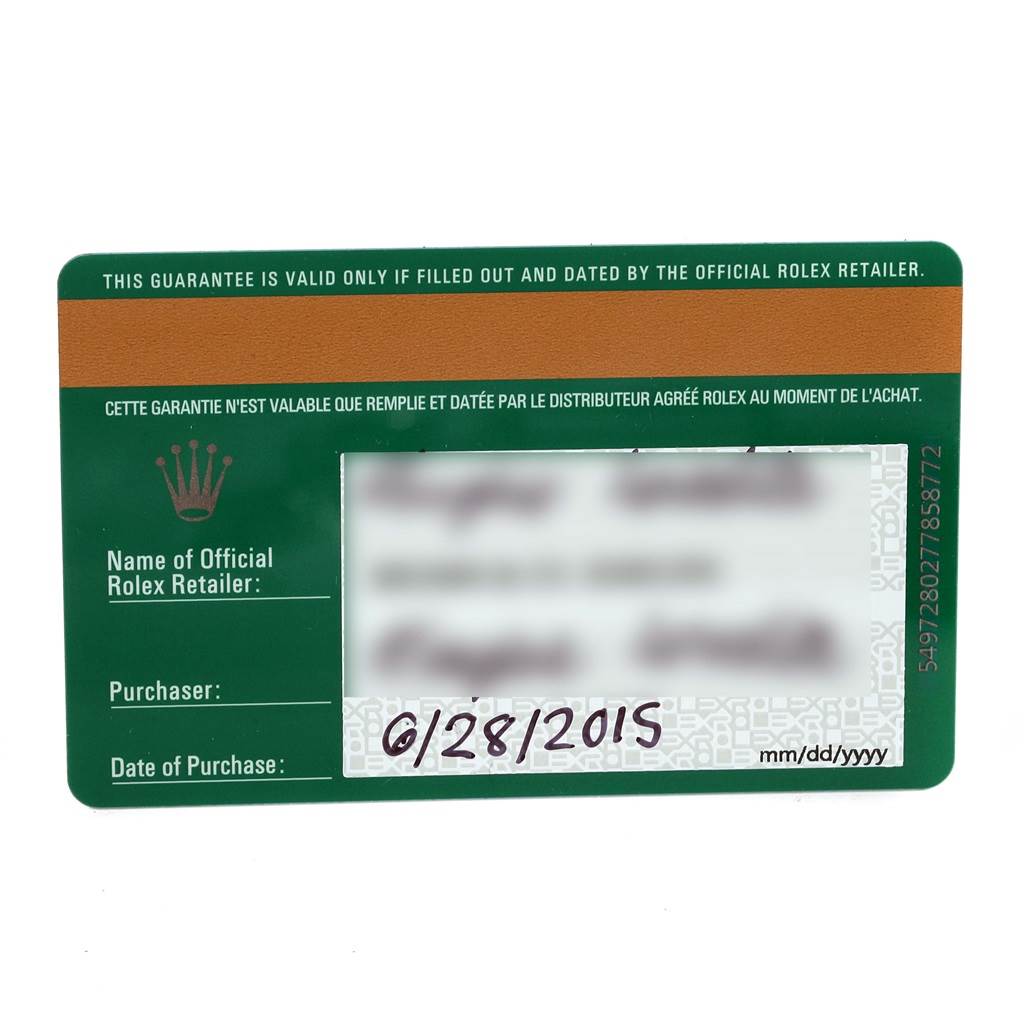 The image shows the warranty card for the Rolex Daytona 116520 Men's Stainless Steel Black Dial 116520 Men's Stainless Steel Black Dial watch, including purchase date and retailer information sections.