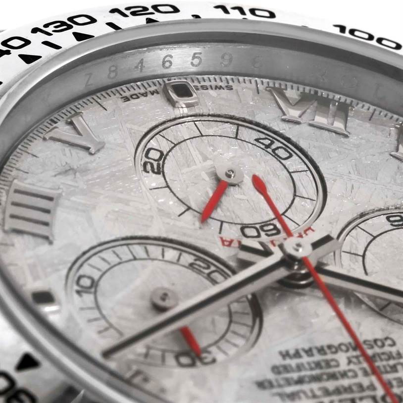 The image shows a close-up of the dial and bezel of a Rolex Daytona 116509 Men's White Gold Silver Dial 116509 Men's White Gold Silver Dial watch, highlighting its subdials and tachymeter scale.
