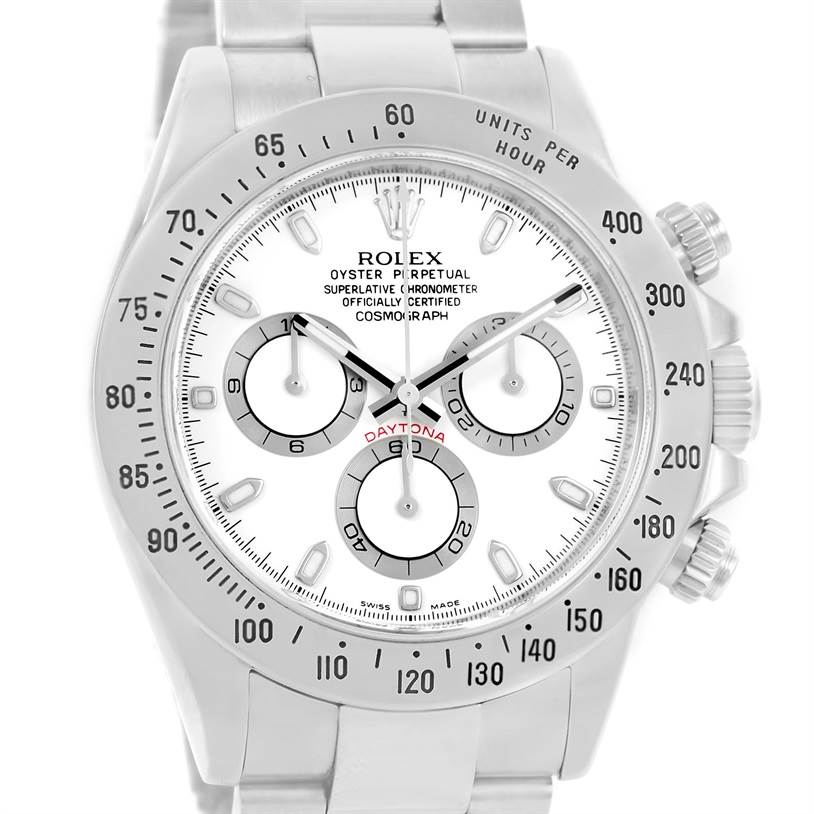 The image shows a frontal view of the Rolex Daytona 116520 Men's Stainless Steel White Dial 116520 Men's Stainless Steel White Dial watch, highlighting the dial, sub-dials, bezel, and bracelet.