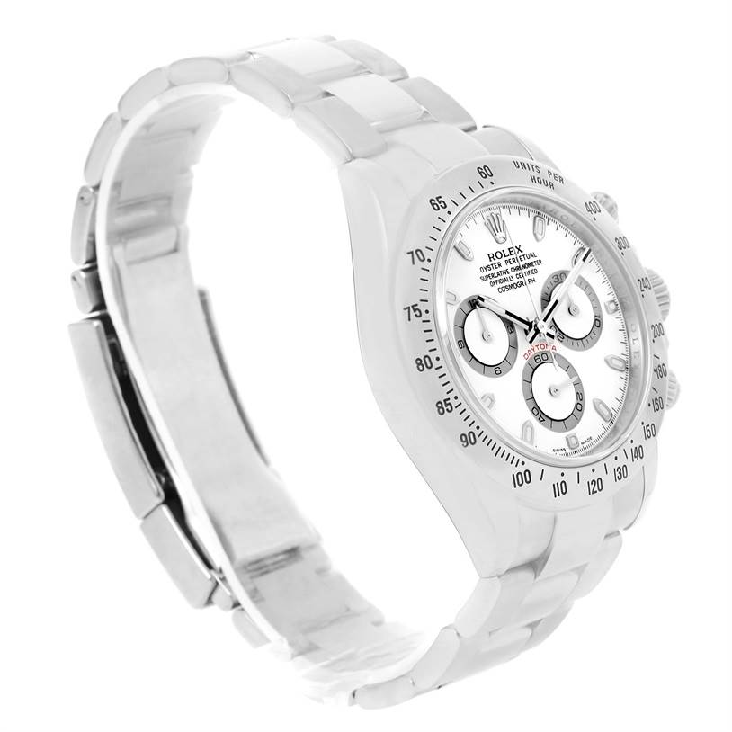 The Rolex Daytona 116520 Men's Stainless Steel White Dial 116520 Men's Stainless Steel White Dial watch is shown at a three-quarter angle, highlighting its white dial, chronograph subdials, and metal bracelet.