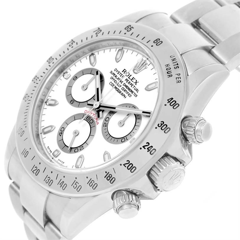 The Rolex Daytona 116520 Men's Stainless Steel White Dial 116520 Men's Stainless Steel White Dial watch is shown at a three-quarter angle, highlighting the face, bezel, crown, and bracelet.