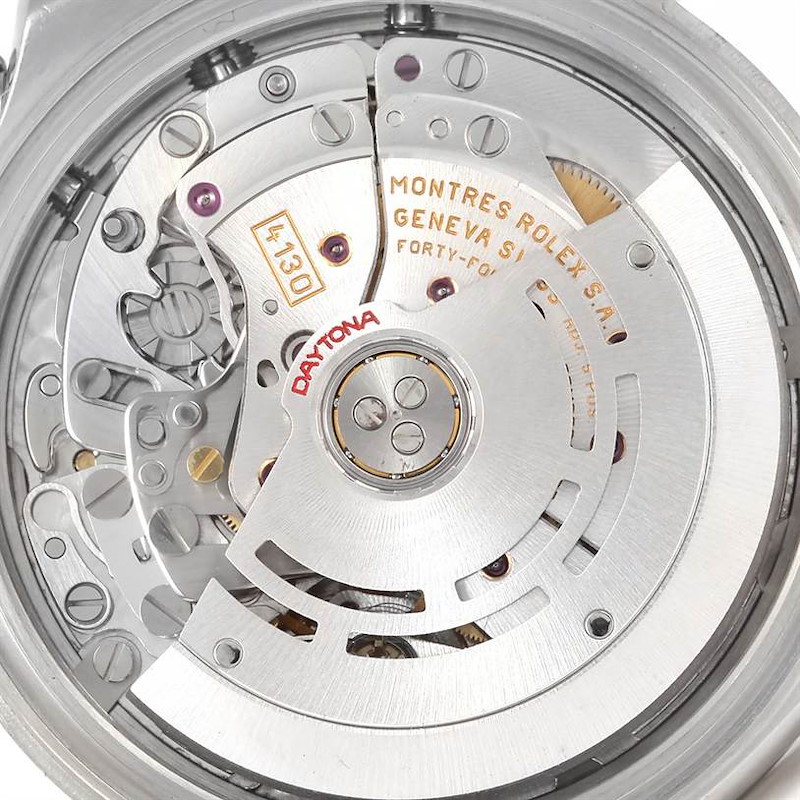 The image shows the movement mechanism of a Rolex Daytona watch from a back or interior angle.