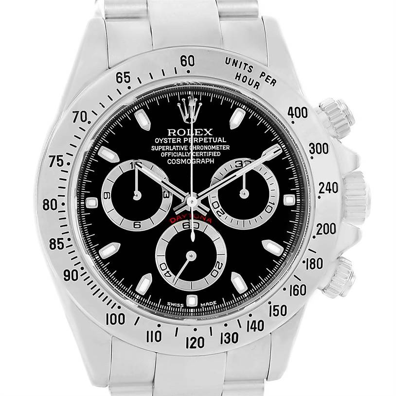 This image shows a frontal view of a Rolex Daytona 116520 Men
s Stainless Steel Black Dial 116520 Men
s Stainless Steel Black Dial watch, highlighting its dial, subdials, and bezel.
