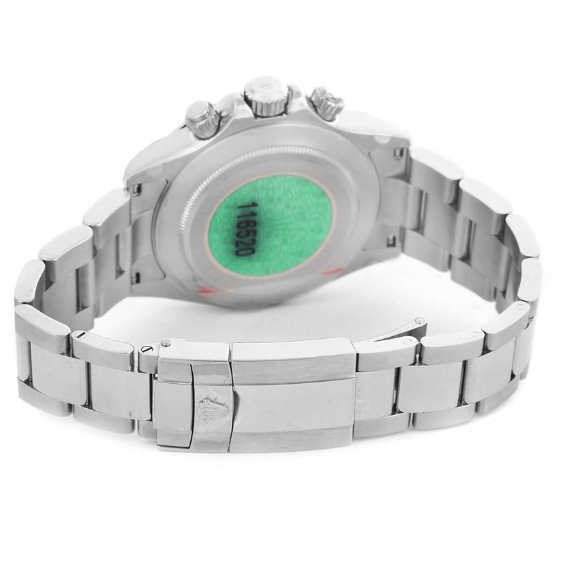 The image shows the back view of a Rolex Daytona 116520 Men
s Stainless Steel Black Dial 116520 Men
s Stainless Steel Black Dial watch, featuring the case back, bracelet, and clasp.