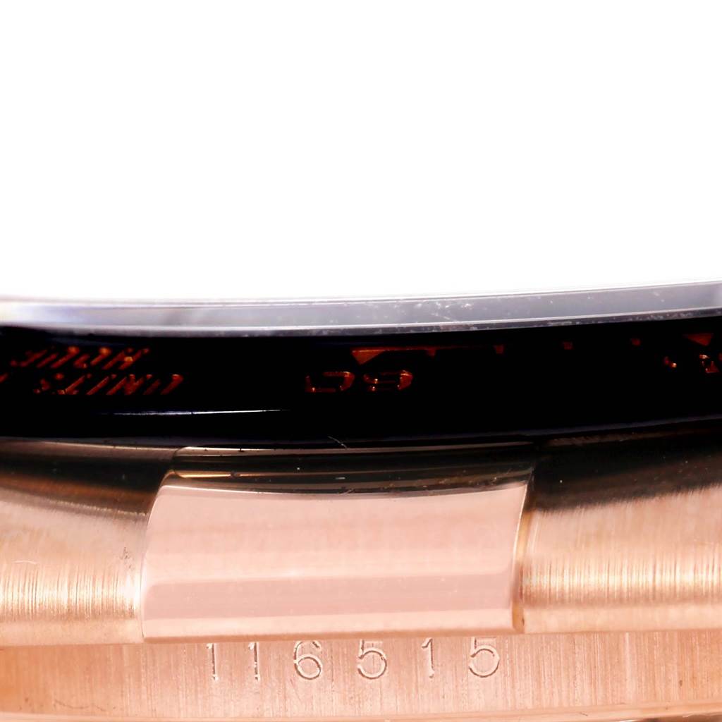 This image shows a close-up of the case edge and serial number of a Rolex Daytona 116515LN Men
s Rose Gold Brown Dial 116515LN Men
s Rose Gold Brown Dial watch.