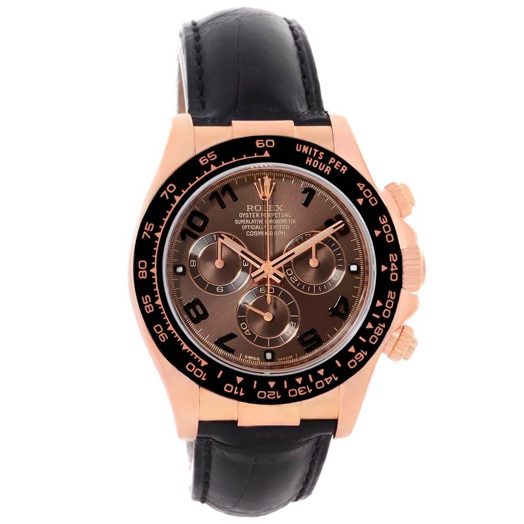 The image shows a Rolex Daytona 116515LN Men
s Rose Gold Brown Dial 116515LN Men
s Rose Gold Brown Dial watch from a front angle, highlighting the dial, bezel, and strap.