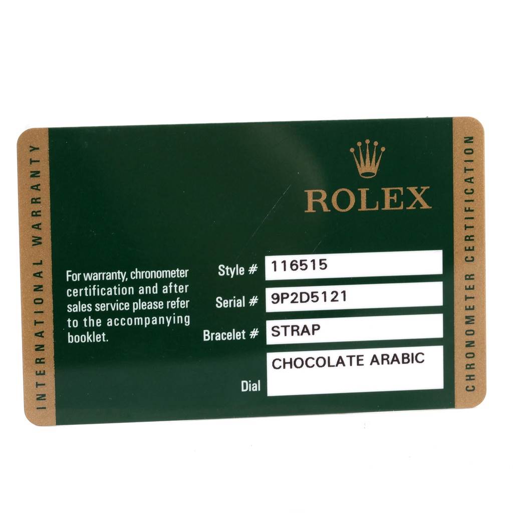 This image shows the international warranty card for a Rolex Daytona 116515LN Men
s Rose Gold Brown Dial 116515LN Men
s Rose Gold Brown Dial watch, detailing the style, serial, bracelet, and dial information.