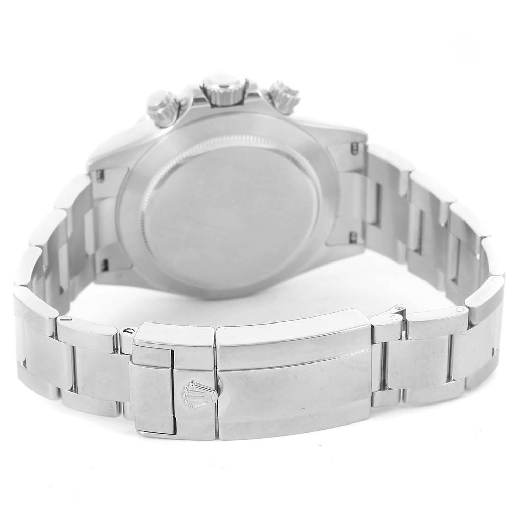 This is a rear view of the Rolex Daytona 116520 Men
s Stainless Steel White Dial 116520 Men
s Stainless Steel White Dial watch showing the case back and clasp.