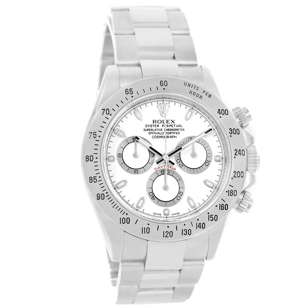 This is a front view of a Rolex Daytona 116520 Men
s Stainless Steel White Dial 116520 Men
s Stainless Steel White Dial watch showcasing the dial, bezel, and bracelet.