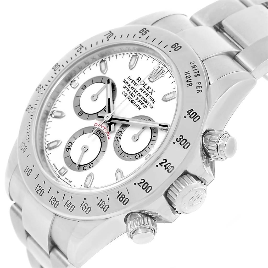 The image shows a close-up angled view of the Rolex Daytona 116520 Men
s Stainless Steel White Dial 116520 Men
s Stainless Steel White Dial watch, highlighting its bezel, face, crown, and pushers.