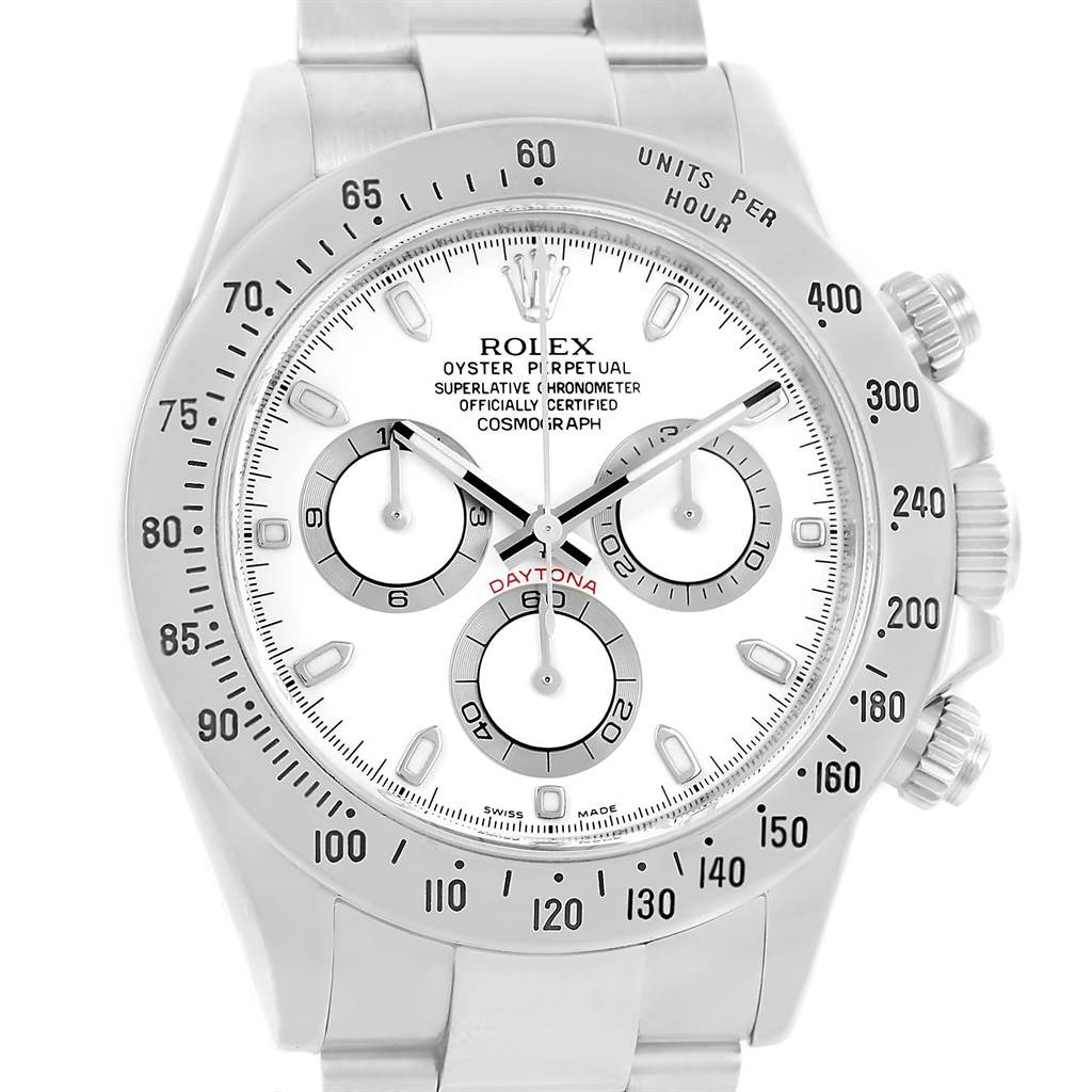 This image shows a front view of a Rolex Daytona 116520 Men
s Stainless Steel White Dial 116520 Men
s Stainless Steel White Dial watch, highlighting the face, bezel, and crown details.