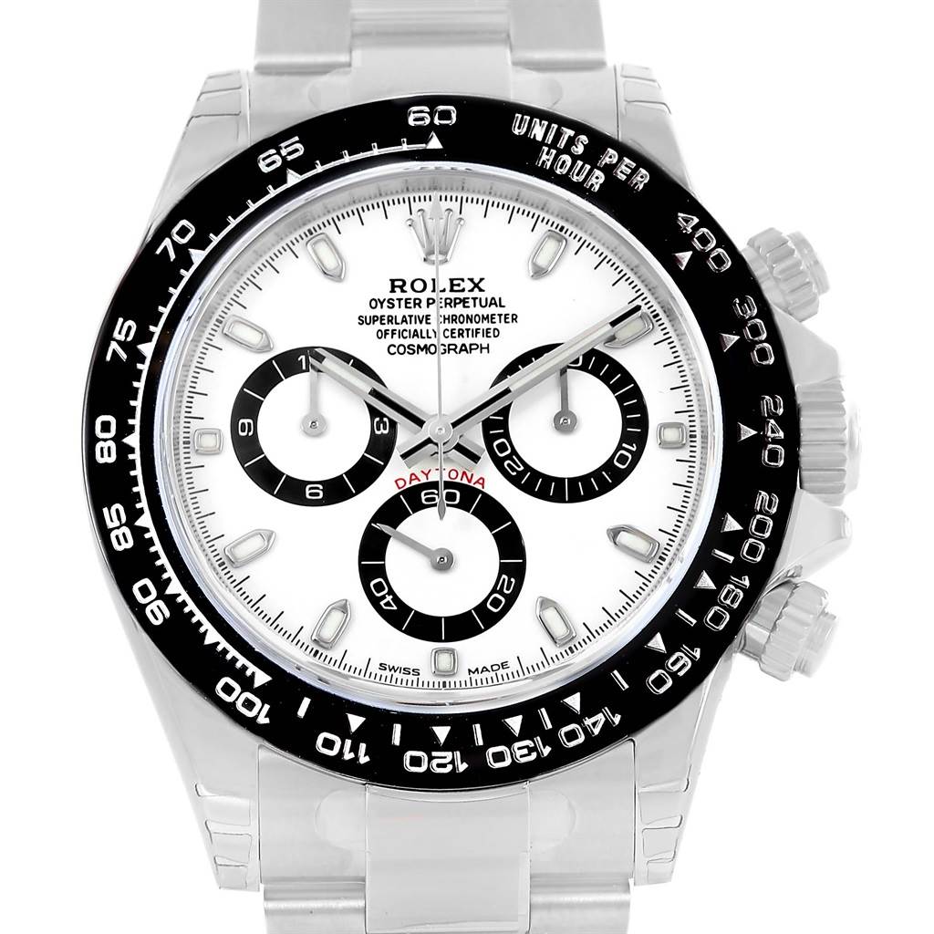This image shows the front view of a Rolex Daytona 116500 Men's Stainless Steel White Dial 116500 Men's Stainless Steel White Dial watch, highlighting the dial and bezel.