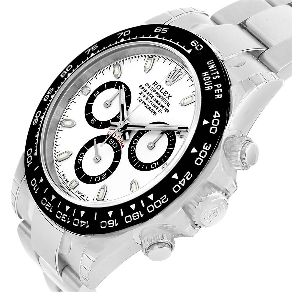 The Rolex Daytona 116500 Men's Stainless Steel White Dial 116500 Men's Stainless Steel White Dial watch is shown at a three-quarter angle, highlighting its dial, bezel, and part of the bracelet.