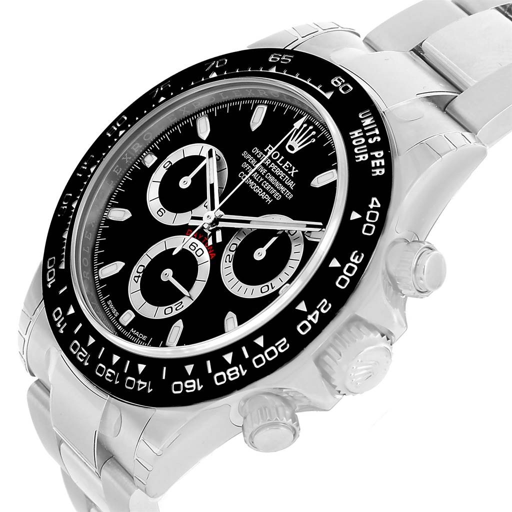 The image shows a close-up, angled view of the Rolex Daytona 116500 Men's Stainless Steel Black Dial 116500 Men's Stainless Steel Black Dial watch highlighting its dial, bezel, and part of the bracelet.