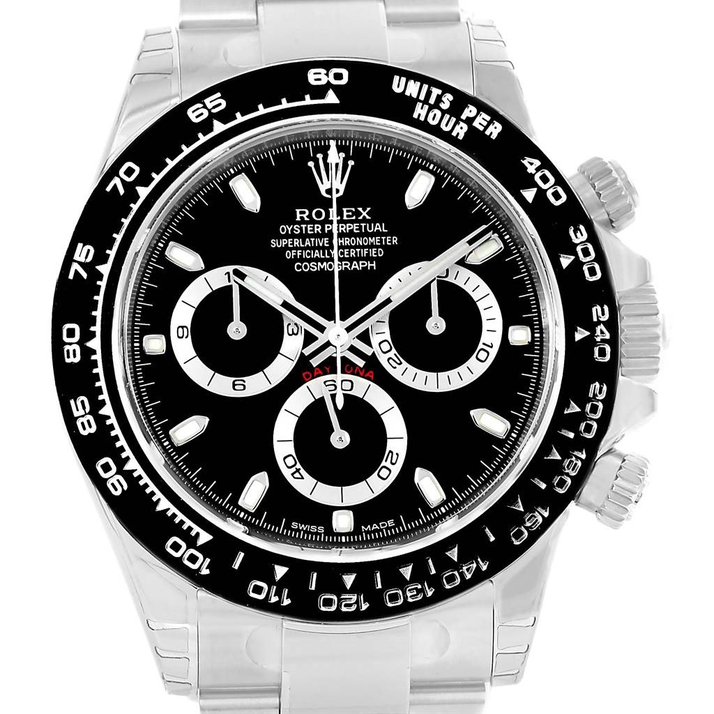 This Rolex Daytona 116500 Men's Stainless Steel Black Dial 116500 Men's Stainless Steel Black Dial watch is shown from a front angle, highlighting the face, bezel, and part of the bracelet.