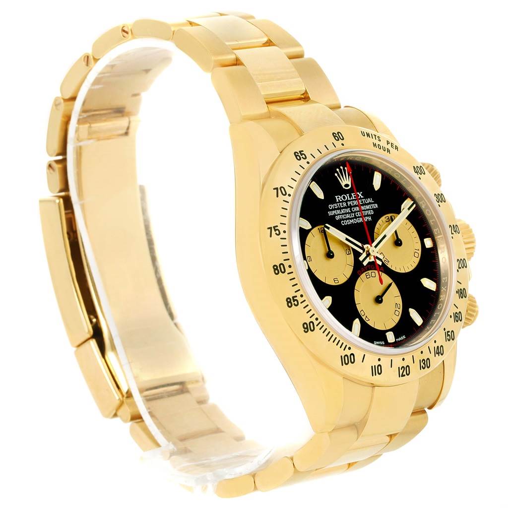 The image shows a side angle of the gold Rolex Daytona 116528 Men's Yellow Gold Black Dial 116528 Men's Yellow Gold Black Dial watch, highlighting the bracelet, case, and dial with subdials.