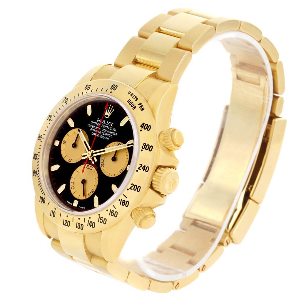 The Rolex Daytona 116528 Men's Yellow Gold Black Dial 116528 Men's Yellow Gold Black Dial watch is shown at a three-quarter angle, highlighting its bezel, dial, buttons, and bracelet.