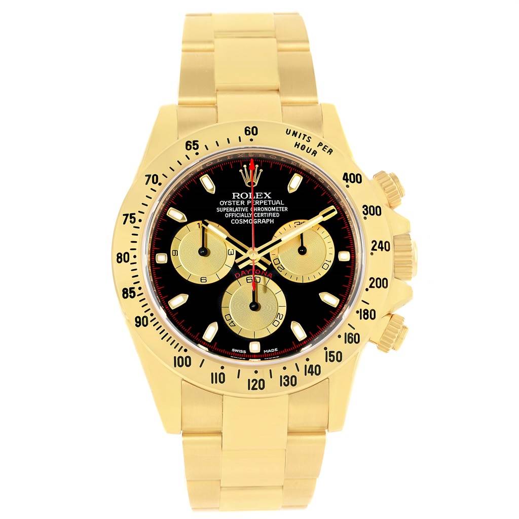 The image shows a frontal view of the Rolex Daytona 116528 Men's Yellow Gold Black Dial 116528 Men's Yellow Gold Black Dial model watch, highlighting its gold bracelet, black dial, and chronograph subdials.