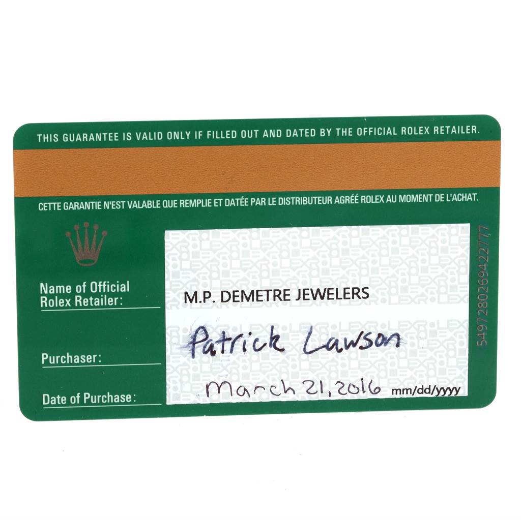 The image shows a guarantee card for a Rolex Daytona 116528 Men's Yellow Gold Black Dial 116528 Men's Yellow Gold Black Dial watch from M.P. Demetre Jewelers, dated March 21, 2016.
