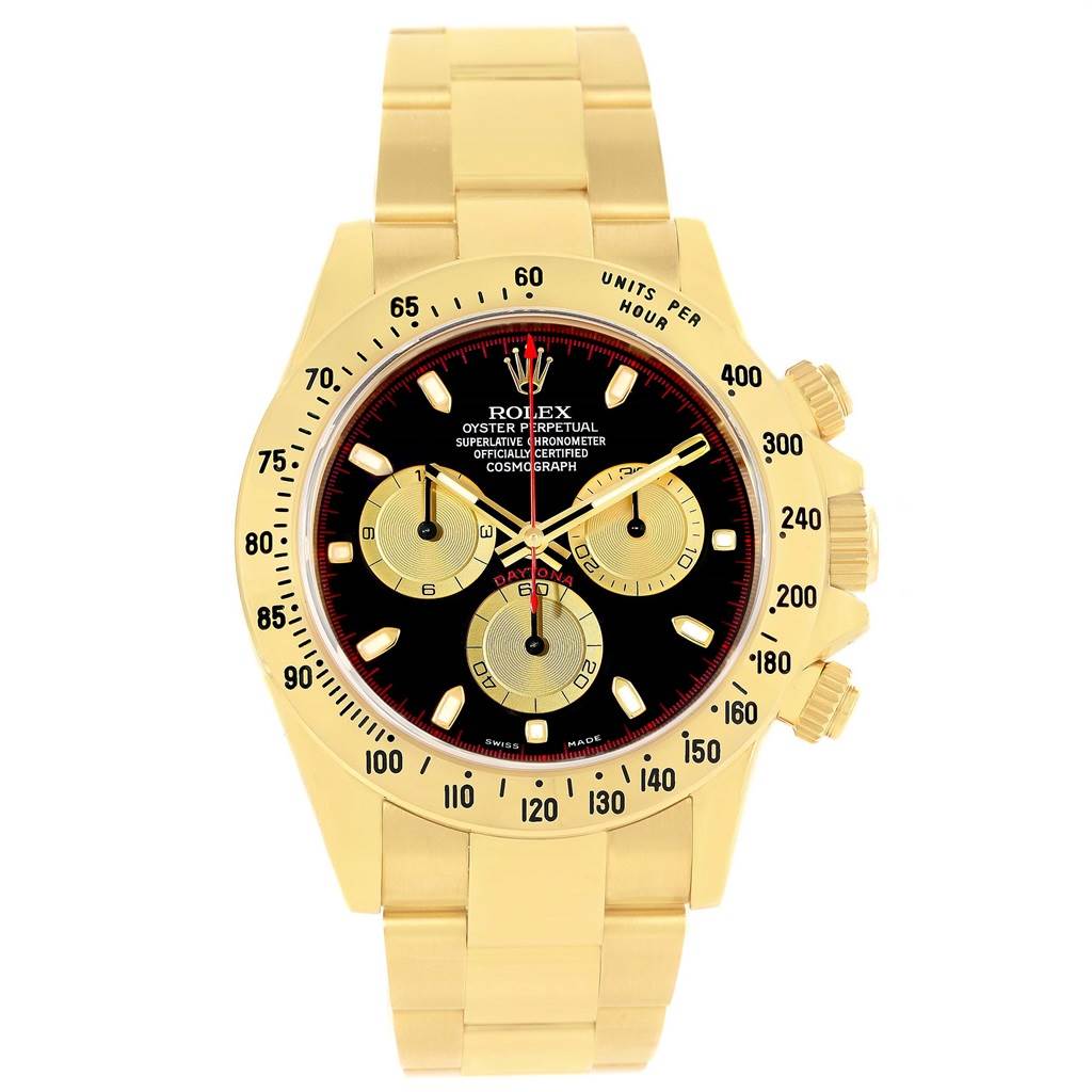 This Rolex Daytona 116528 Men's Yellow Gold Black Dial 116528 Men's Yellow Gold Black Dial watch is shown from a front angle, highlighting its face, bezel, and bracelet.