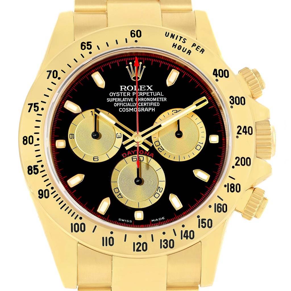 This image shows a front view of a Rolex Daytona 116528 Men's Yellow Gold Black Dial 116528 Men's Yellow Gold Black Dial watch, highlighting its black dial, gold sub-dials, and gold case.