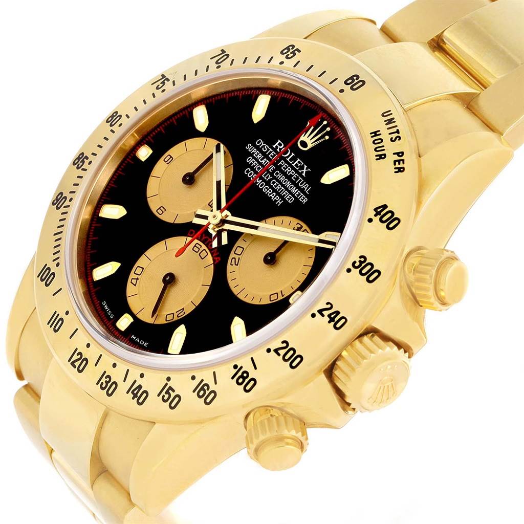 The image shows a close-up of a Rolex Daytona 116528 Men's Yellow Gold Black Dial 116528 Men's Yellow Gold Black Dial watch, highlighting its gold bezel, black dial, and side buttons.