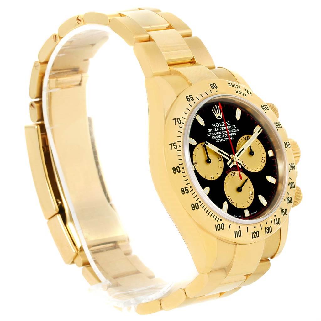 This image shows a side angle of a gold Rolex Daytona 116528 Men's Yellow Gold Black Dial 116528 Men's Yellow Gold Black Dial watch, highlighting the face, bezel, and part of the bracelet.