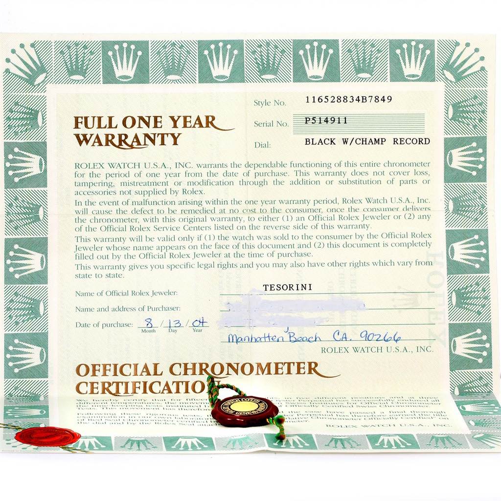 The image shows a full one-year warranty certificate for the Rolex Daytona 116528 Men's Yellow Gold Black Dial 116528 Men's Yellow Gold Black Dial watch model, including a date of purchase and the official chronometer certification.