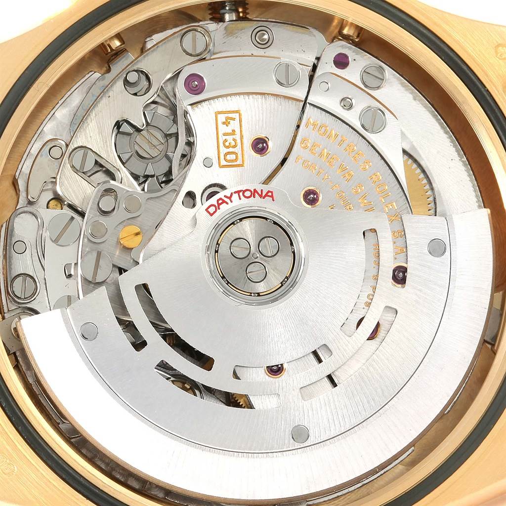 This image shows the movement mechanism of a Rolex Daytona 116528 Men's Yellow Gold Black Dial 116528 Men's Yellow Gold Black Dial watch, viewed from the back.