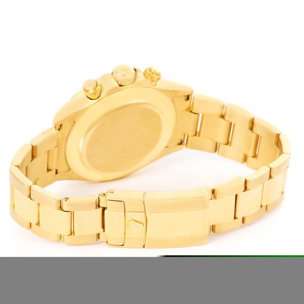 The image shows the back and side view of a Rolex Daytona 116528 Men's Yellow Gold Black Dial 116528 Men's Yellow Gold Black Dial watch, highlighting the clasp, bracelet, and case back.