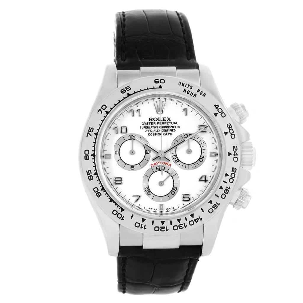 This image shows a front view of a Rolex Daytona 116519 Men's White Gold White Dial 116519 Men's White Gold White Dial watch with a white dial, three sub-dials, and a black leather strap.
