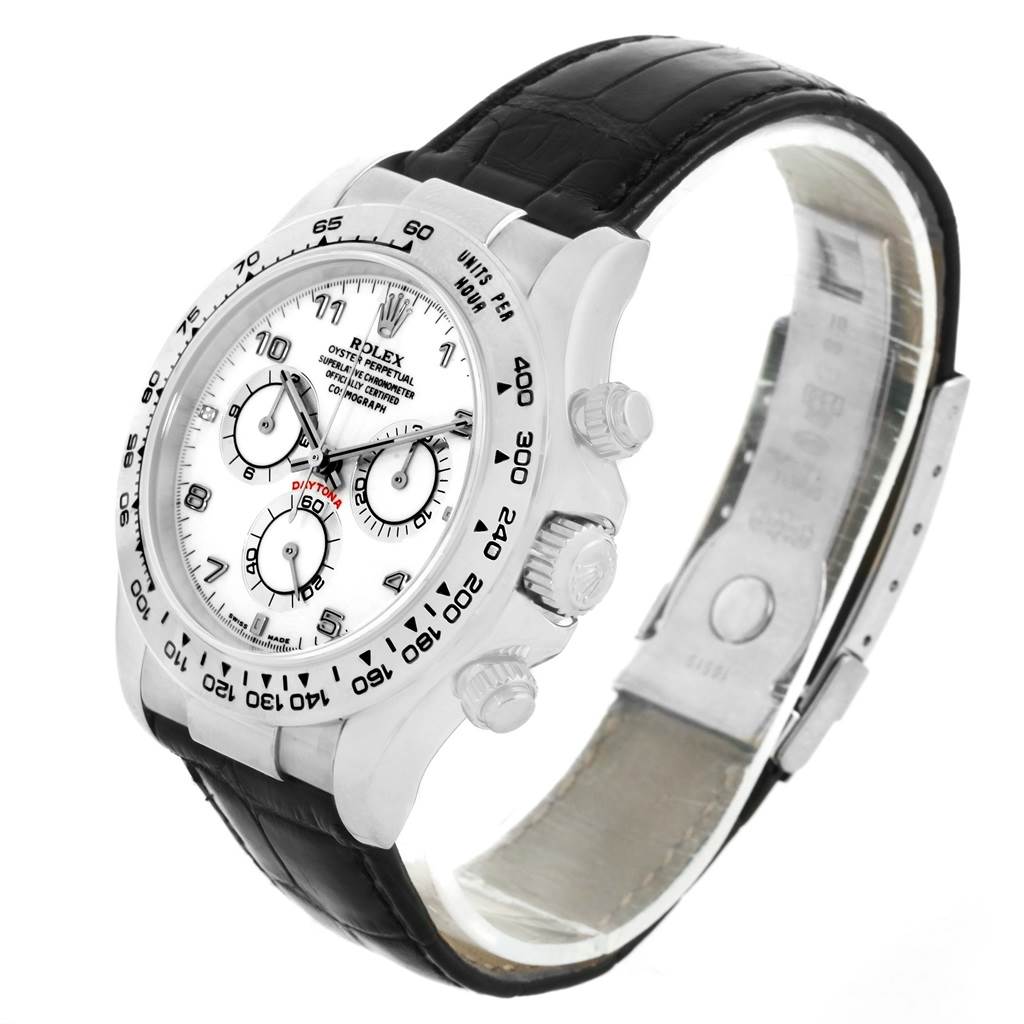 The image shows a Rolex Daytona 116519 Men's White Gold White Dial 116519 Men's White Gold White Dial watch at a slight angle, displaying its face, bezel, crown, pushers, and leather strap.