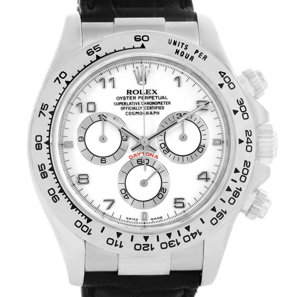The image shows a front view of a Rolex Daytona 116519 Men's White Gold White Dial 116519 Men's White Gold White Dial watch, highlighting the dial, bezel, chronograph subdials, and pushers.