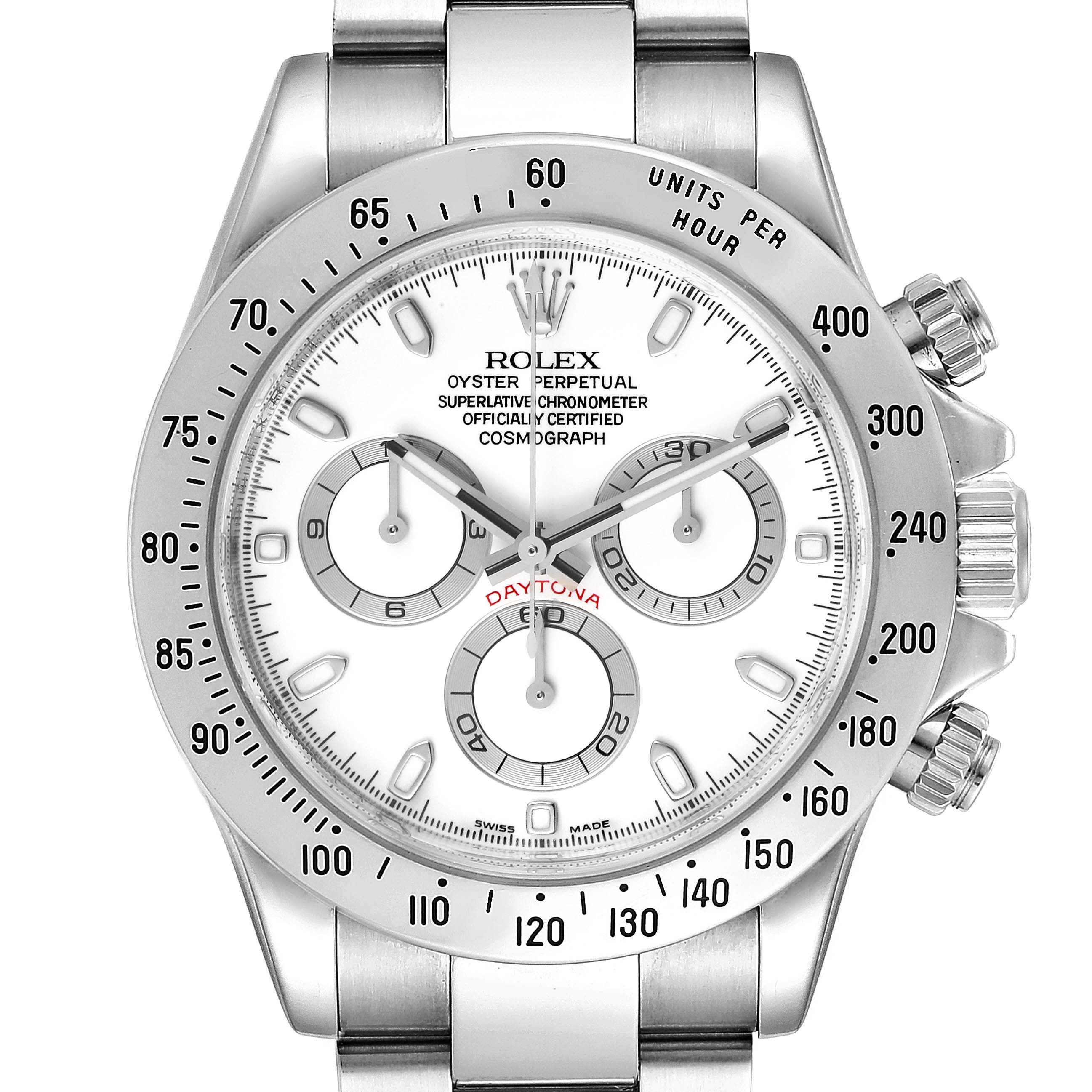 This image shows a front view of the Rolex Daytona 116520 Men's Stainless Steel White Dial 116520 Men's Stainless Steel White Dial watch, highlighting its dial, bezel, and chronograph subdials.