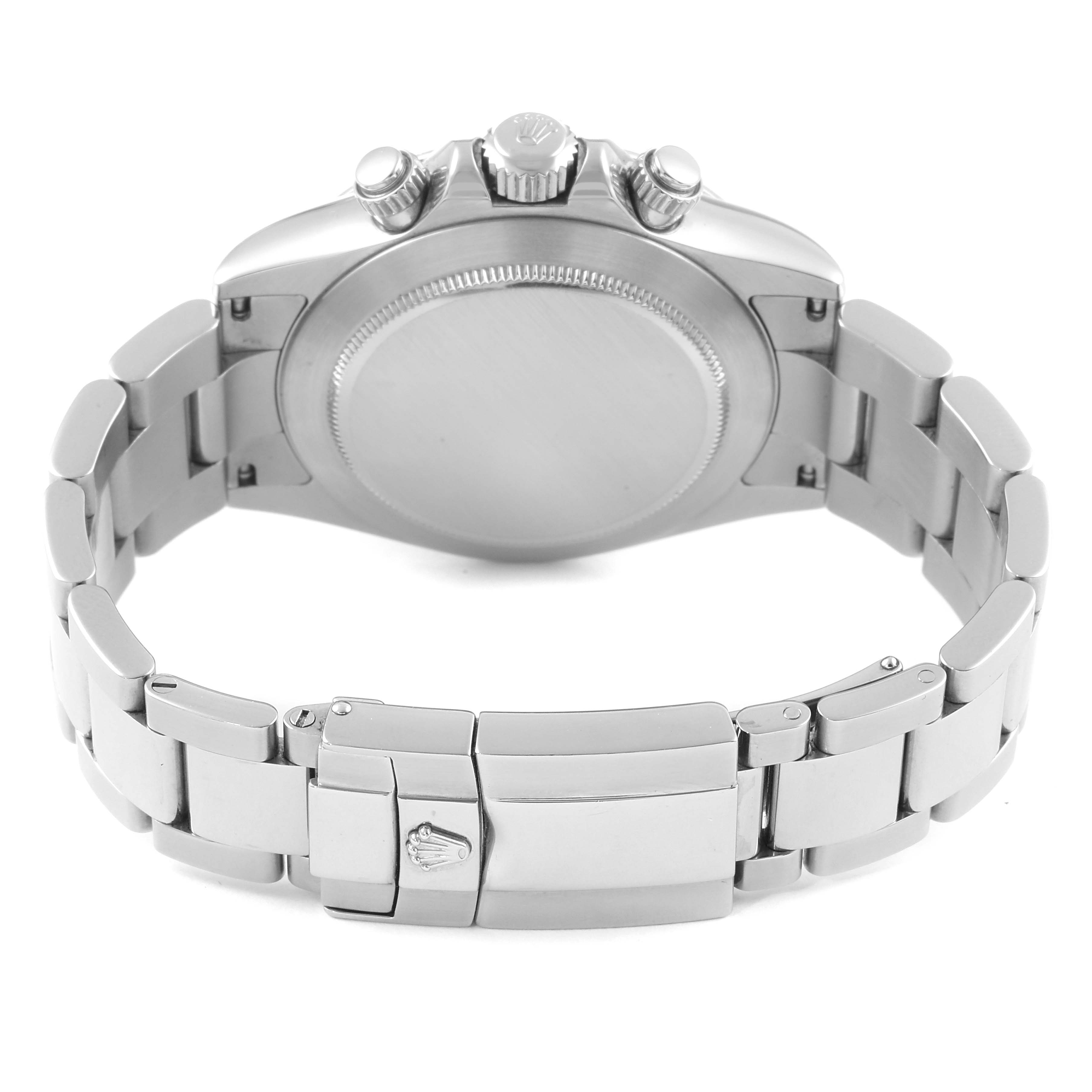 The image shows the back case and bracelet clasp of a Rolex Daytona 116520 Men's Stainless Steel White Dial 116520 Men's Stainless Steel White Dial watch from a rear angle.