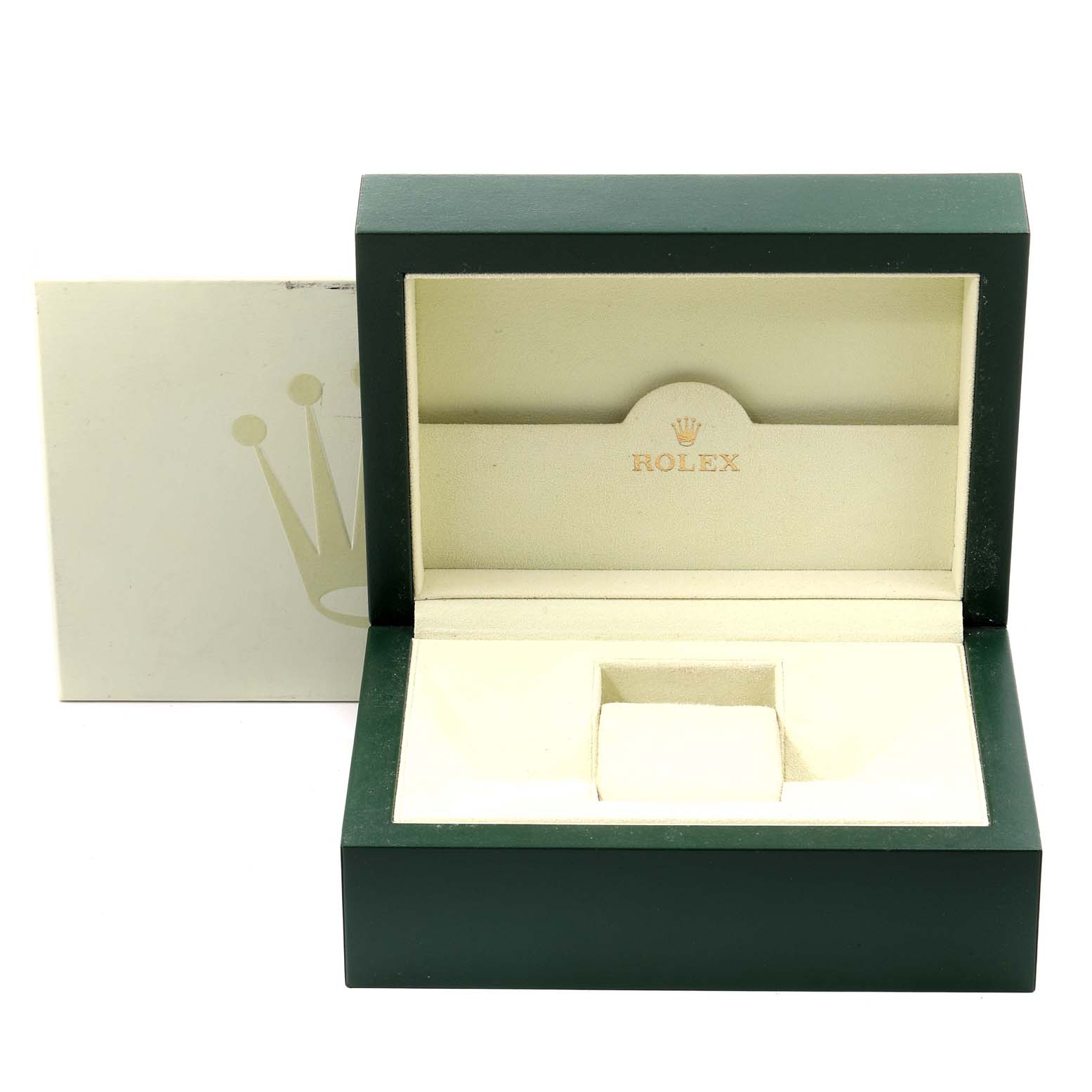 This image shows an open Rolex watch box, likely for the Daytona model, with a green exterior and beige interior.