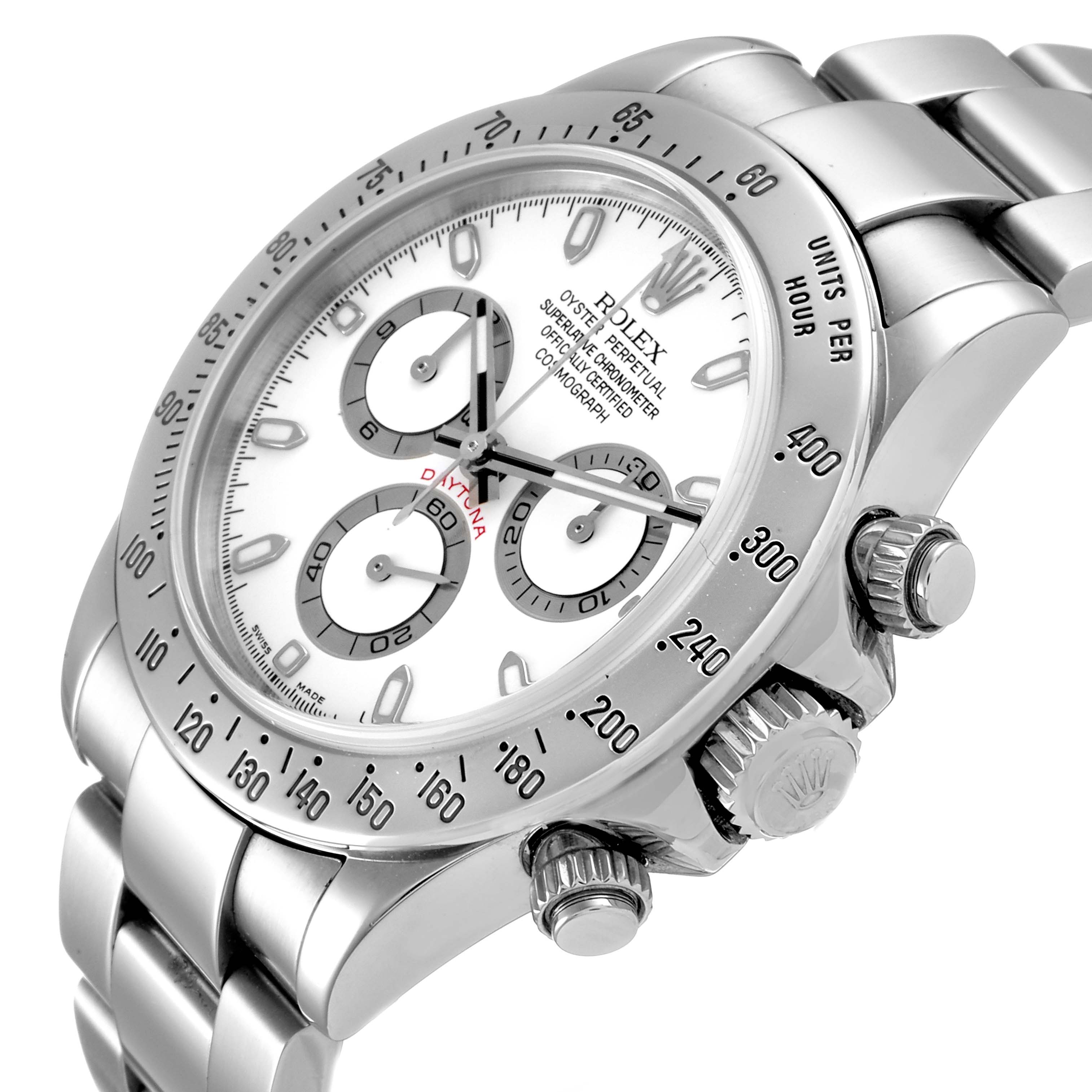 The image shows a close-up angled view of a Rolex Daytona 116520 Men's Stainless Steel White Dial 116520 Men's Stainless Steel White Dial watch, highlighting the face, bezel, and crown.