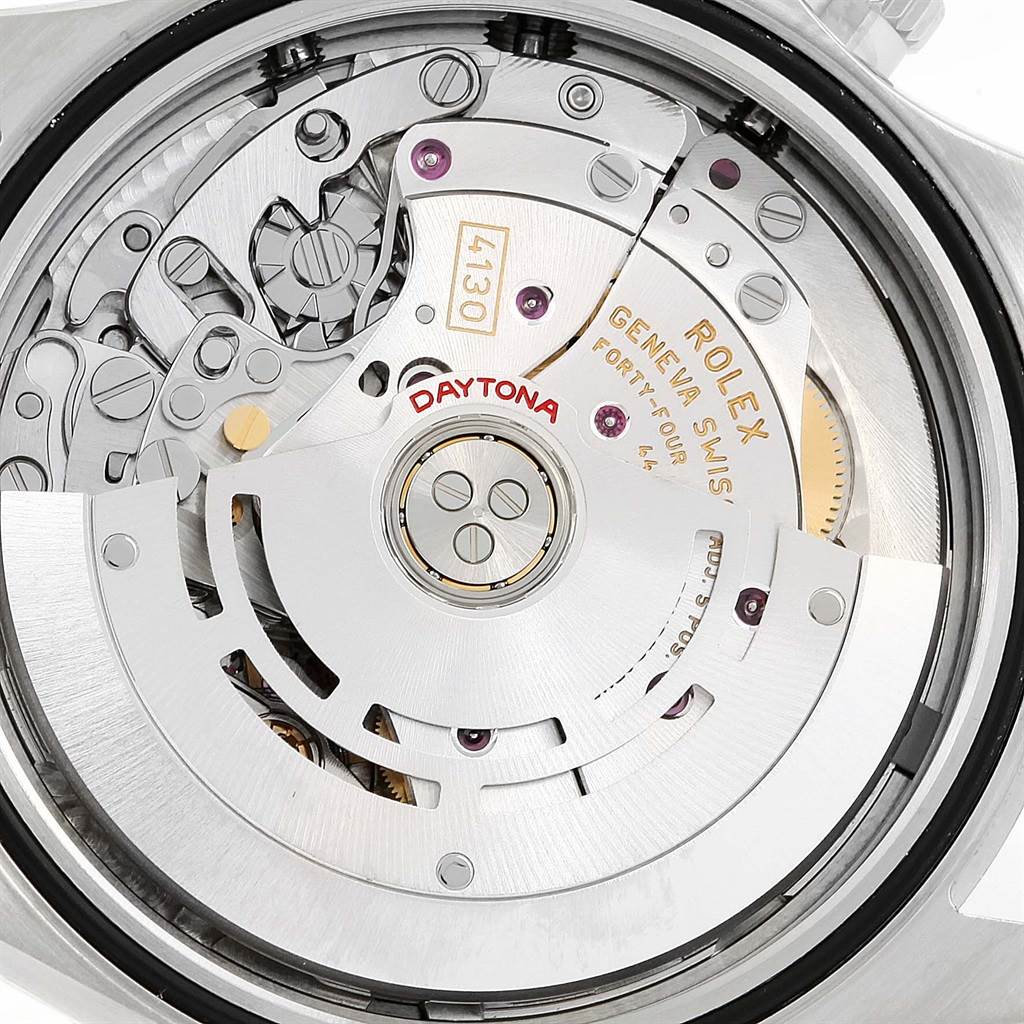 The image shows the intricate inner mechanism of a Rolex Daytona 116520 Men
s Stainless Steel White Dial 116520 Men
s Stainless Steel White Dial watch, viewed from the back case angle.