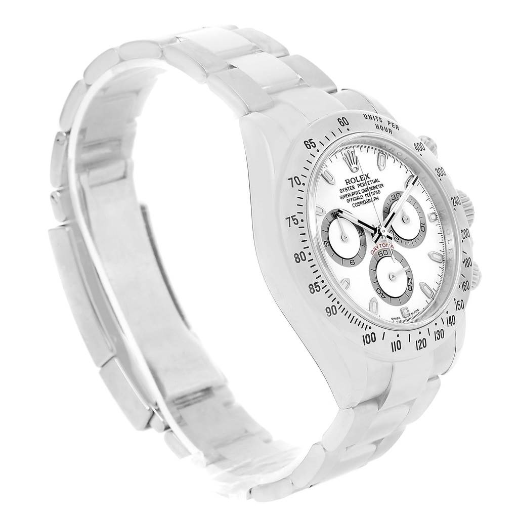 The image shows a side angle of a Rolex Daytona 116520 Men
s Stainless Steel White Dial 116520 Men
s Stainless Steel White Dial watch, highlighting its dial, bezel, and part of the bracelet.