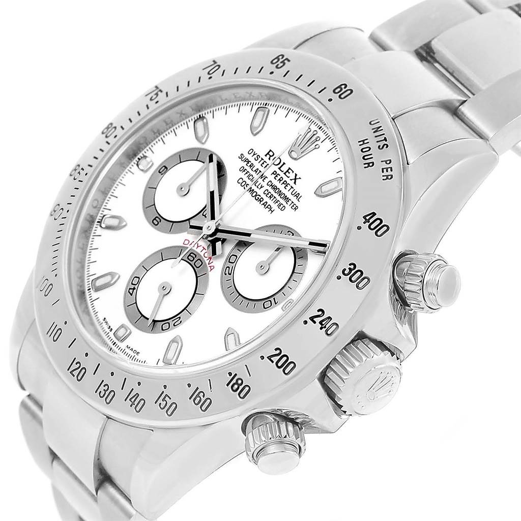 The image shows a close-up of the right side of a Rolex Daytona 116520 Men
s Stainless Steel White Dial 116520 Men
s Stainless Steel White Dial watch, highlighting the face, bezel, and crown.