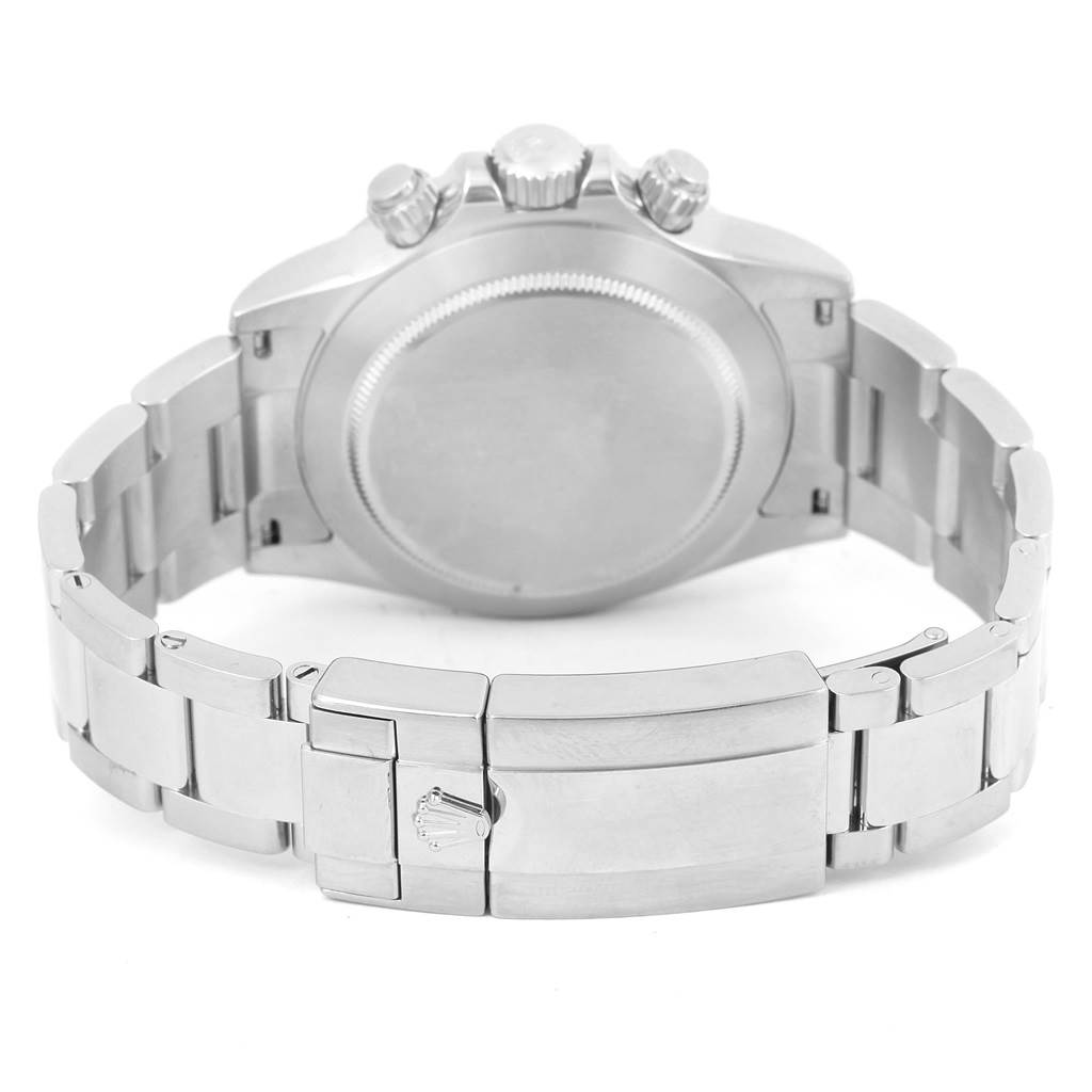 This image shows the back view and clasp of a Rolex Daytona 116520 Men
s Stainless Steel White Dial 116520 Men
s Stainless Steel White Dial watch.